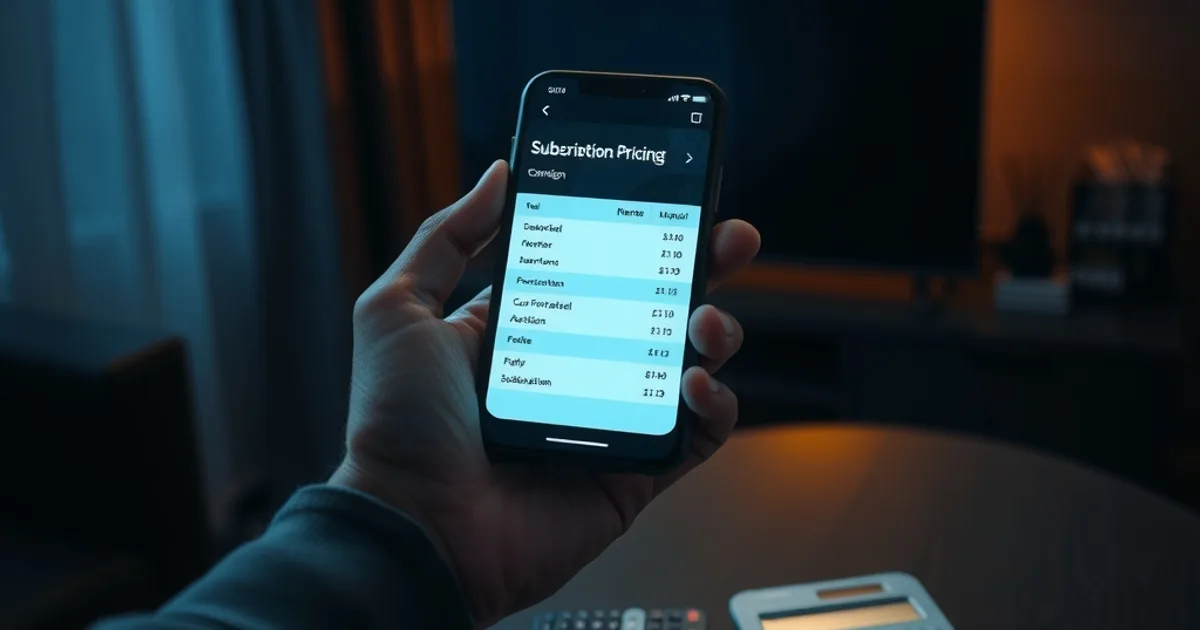 Mano che confronta i prezzi di un abbonamento su uno smartphone in una stanza buia, con telecomando e calcolatrice sul tavolo
