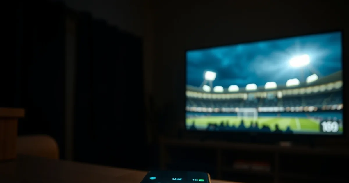 Salotto buio illuminato dalla luce di una TV con silhouette di uno stadio, smartphone con calendario acceso su un tavolo in primo piano accanto a un telecomando