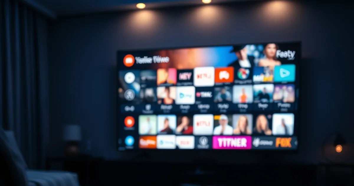 Salotto buio con TV accesa che mostra una griglia di app di streaming e telecomando in primo piano
