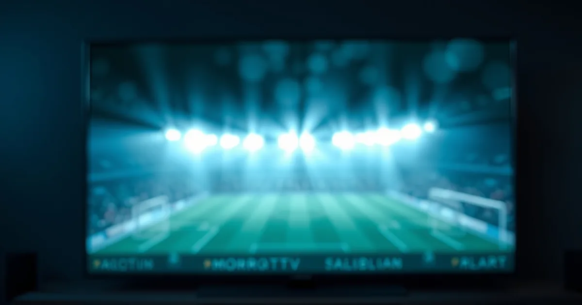 Box Android TV con telecomando davanti a uno schermo scuro che mostra il bagliore sfocato di uno stadio di calcio in notturna