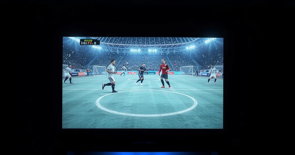 Salotto buio con una TV che mostra una partita di calcio con l'immagine che si blocca, illuminata da una luce rossa d'allarme, a rappresentare il rischio di blocco del pezzotto