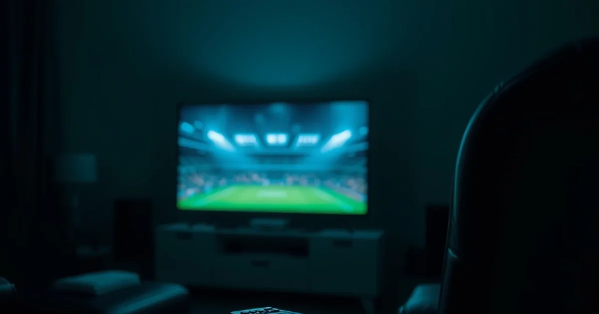 Salotto buio con TV accesa che proietta la luce verde di un campo da calcio poco prima del fischio d'inizio