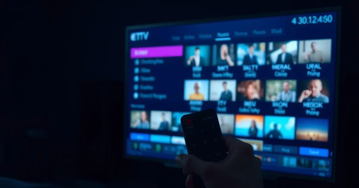 Mano con telecomando davanti a una Smart TV accesa al buio, schermo con griglia di canali IPTV