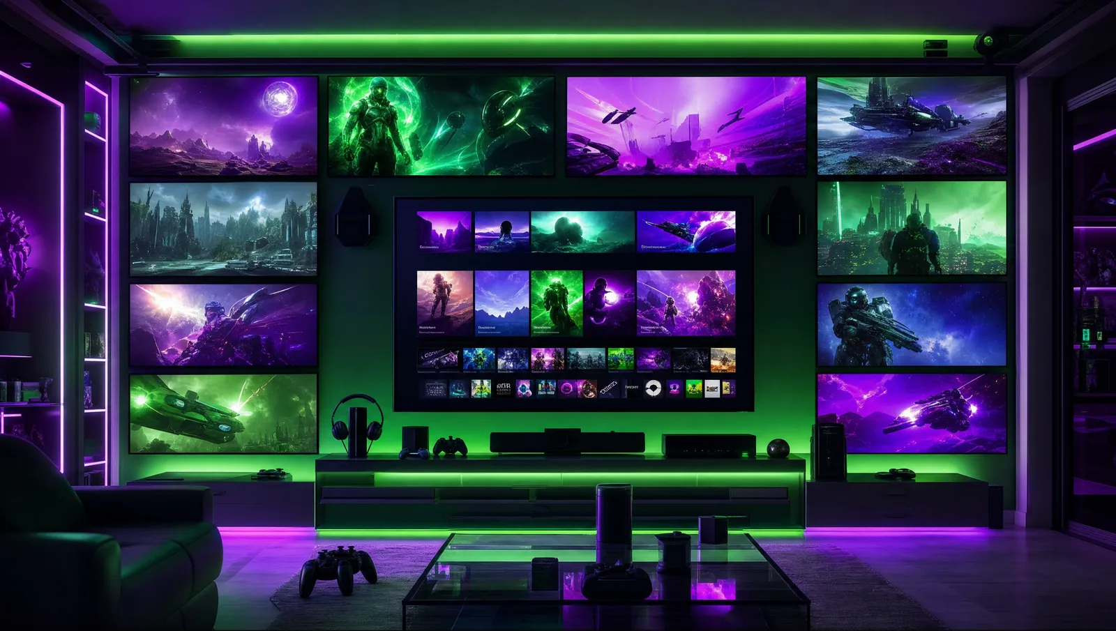 Parete di schermi che trasmettono contenuti, che illustra Extreme IPTV su Smart TV e Firestick