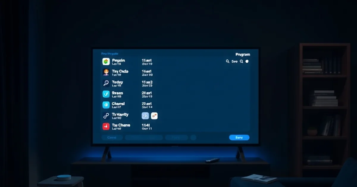 Salotto buio con una TV che mostra una griglia di guida programmi illuminata di blu, atmosfera cinematografica