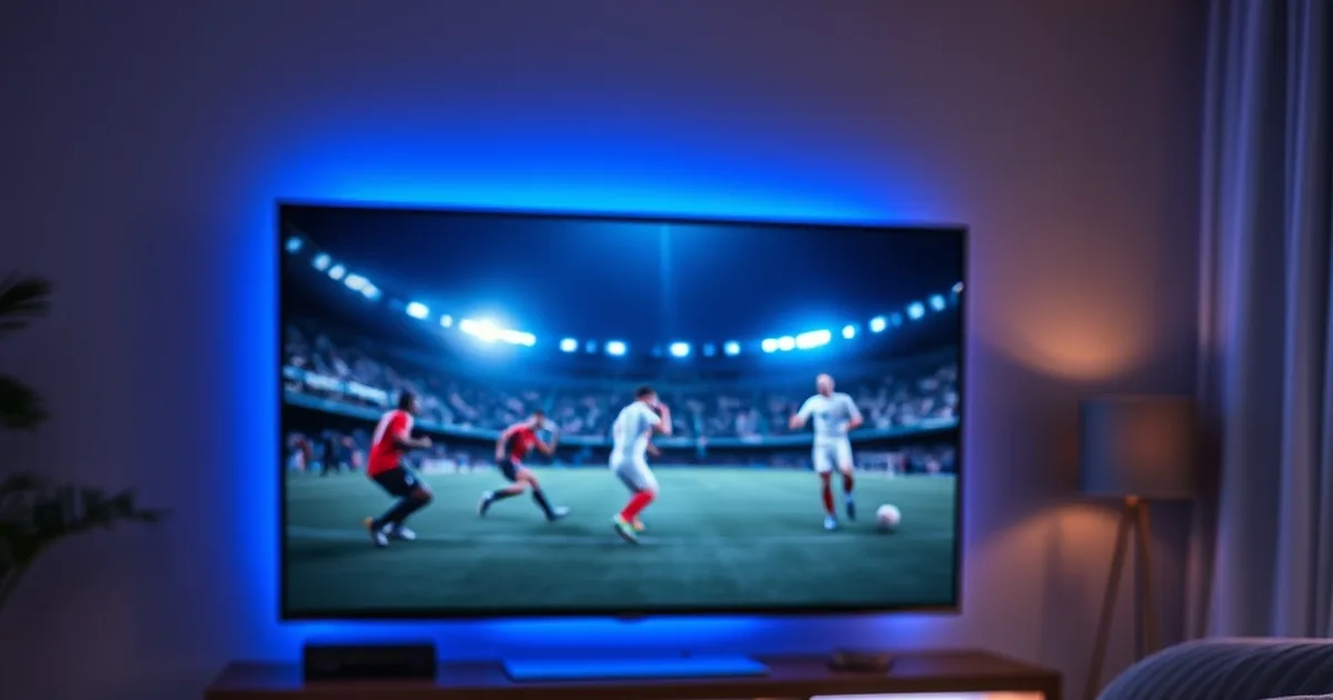 Salotto moderno la sera, un Fire TV Cube nero e una Fire TV Stick 4K Max appoggiati fianco a fianco davanti a una grande TV che trasmette una partita di calcio, luce blu del televisore che illumina il divano e un telecomando in primo piano