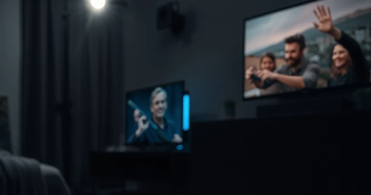 Set-top-box nero opaco e telecomando in alluminio su un mobile scuro, illuminati dal bagliore blu di uno schermo TV in un salotto in penombra.