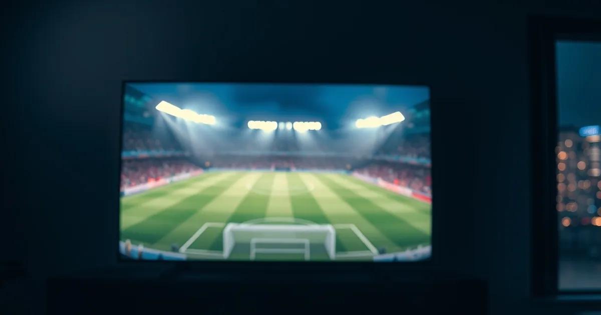 Salotto buio con TV che mostra riflessi di più stadi di calcio europei illuminati, atmosfera cinematografica notturna