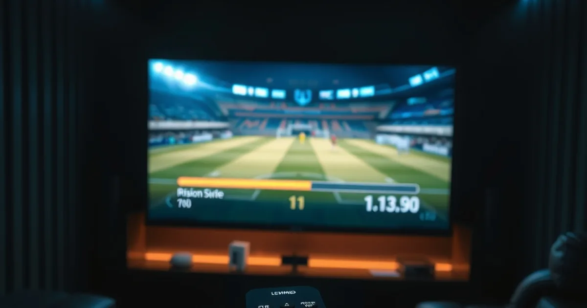 Salotto buio con una partita di calcio in pausa sullo schermo della TV e una barra di avanzamento illuminata, telecomando in primo piano