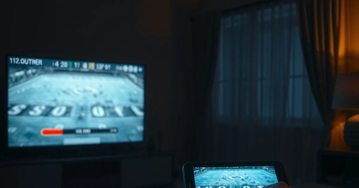 Salotto scarsamente illuminato di sera con una TV che si blocca durante una partita di Champions League e un dispositivo di backup pronto accanto, mano sul telecomando.