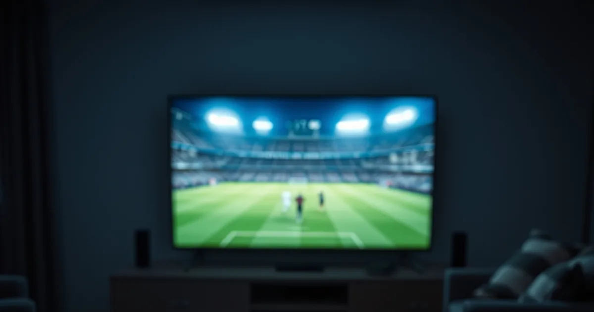 Salotto scuro con TV accesa su una partita in diretta e un telecomando Fire TV Stick in primo piano su un tavolo, atmosfera cinematica notturna