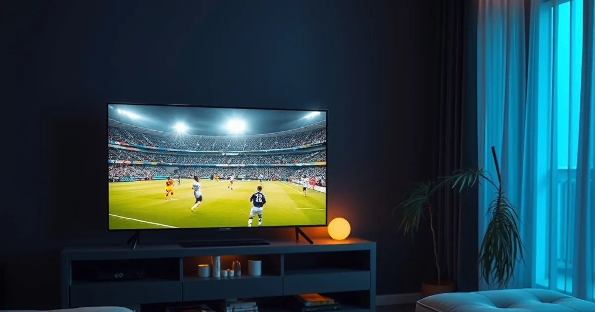 Soggiorno buio con più schermi accesi contemporaneamente: TV, tablet e smartphone che trasmettono in streaming.