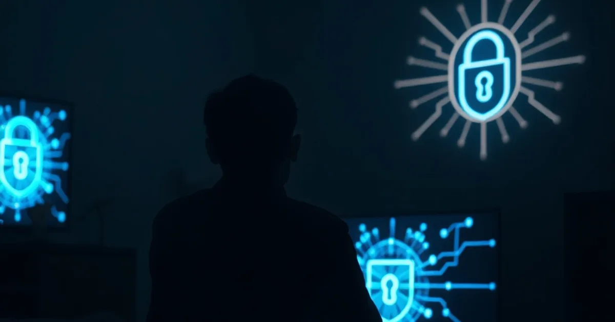Silhouette di una persona davanti a una TV che proietta una luce blu con motivi a rete e scudo, atmosfera scura e cinematografica