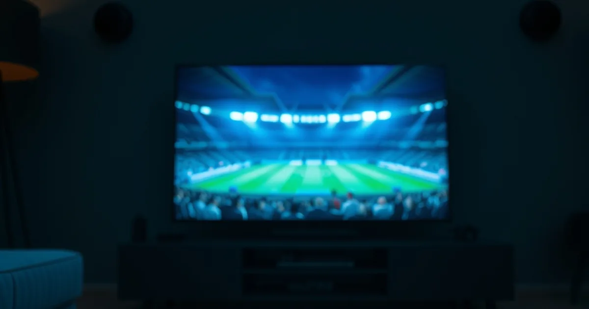 Soggiorno buio con una smart TV accesa che mostra uno stadio di calcio illuminato, e tre telecomandi più uno smartphone appoggiati su un tavolino in primo piano