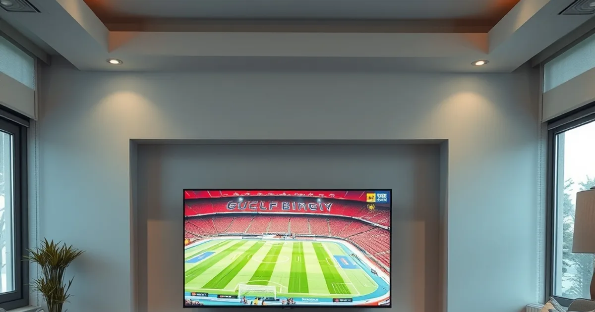 Soggiorno buio con una smart TV accesa che mostra uno stadio di calcio illuminato, e tre telecomandi più uno smartphone appoggiati su un tavolino in primo piano