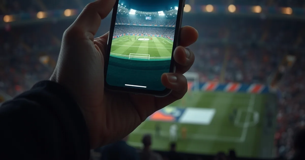 Mano che tiene un iPhone con una partita di calcio in diretta, sullo sfondo sfocato le luci di uno stadio notturno