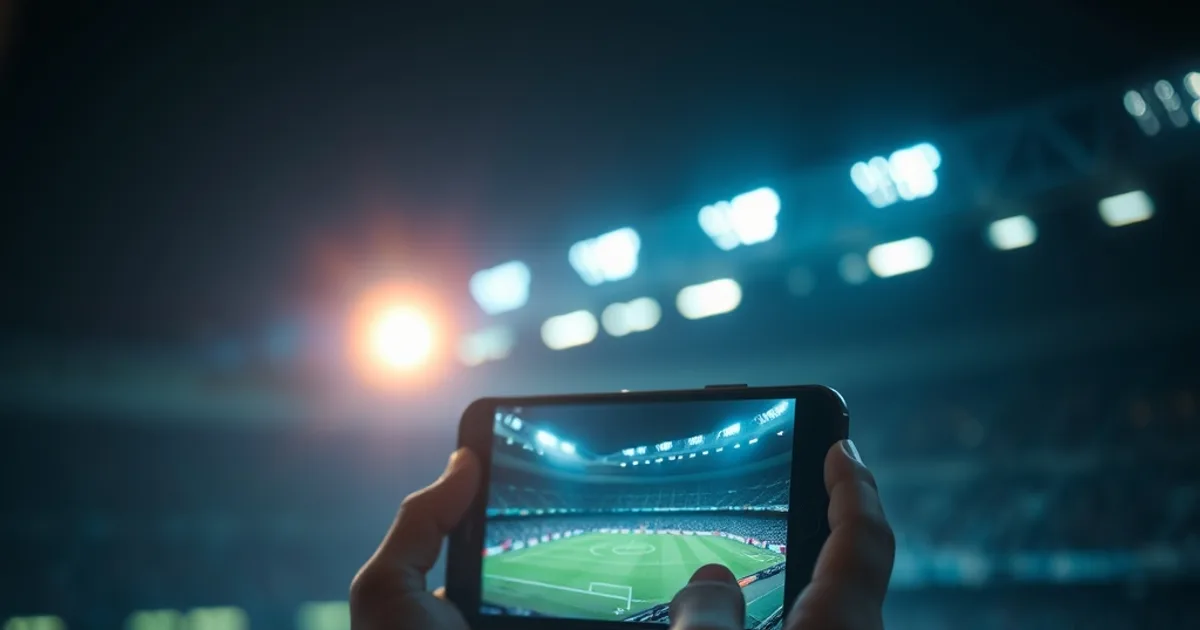 Mano che regge uno smartphone con una partita di calcio in diretta, sullo sfondo sfocato le luci di uno stadio di notte