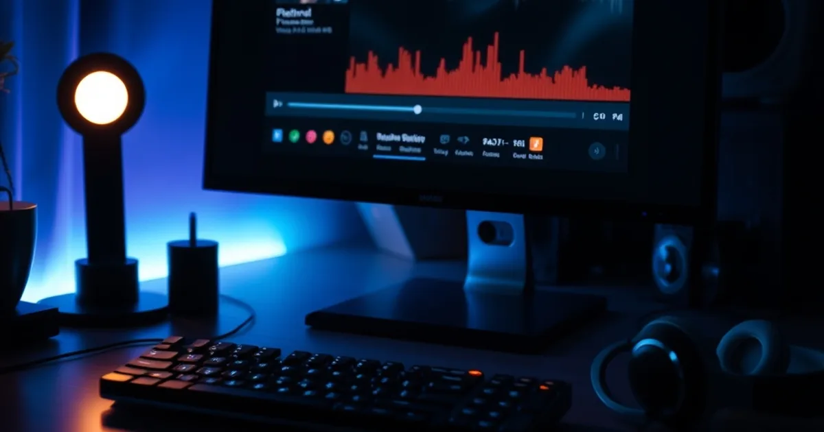 Postazione desktop al buio con schermo che mostra un'interfaccia scura di lettore multimediale e un elenco di canali, atmosfera cinematografica