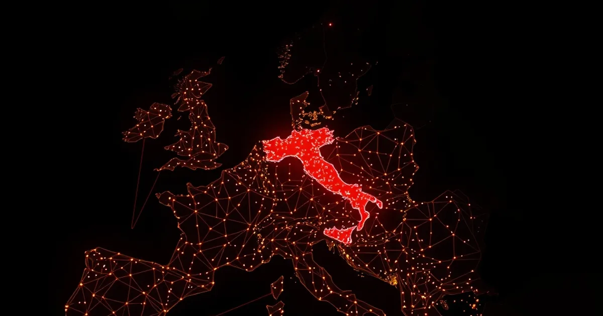 Mappa dell'Europa stilizzata con nodi di rete luminosi, l'Italia che pulsa più intensamente come origine di un segnale che si diffonde nel continente, atmosfera scura e cinematografica