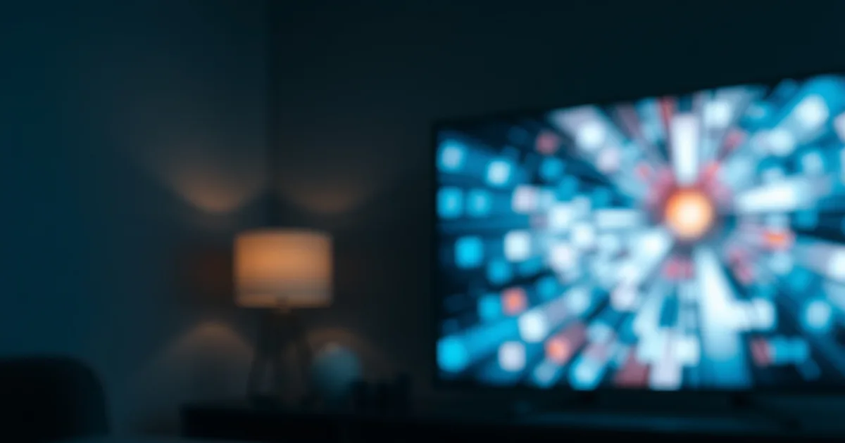 Smartphone con grafico di segnale di rete acceso accanto a una smart TV sullo sfondo con lo schermo bloccato a blocchi durante il buffering, atmosfera scura e cinematica
