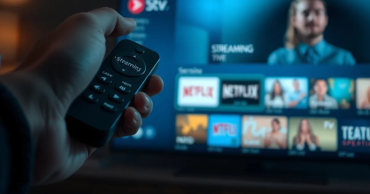 Mano con telecomando che naviga un'interfaccia di streaming su una TV con un dispositivo Fire Stick collegato, ambiente scuro e cinematico