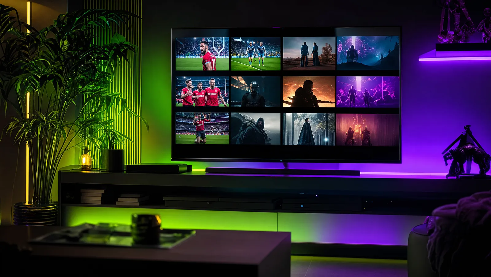 Televisore in salotto che mostra canali in diretta, calcio e film riuniti in un unico abbonamento Extreme IPTV