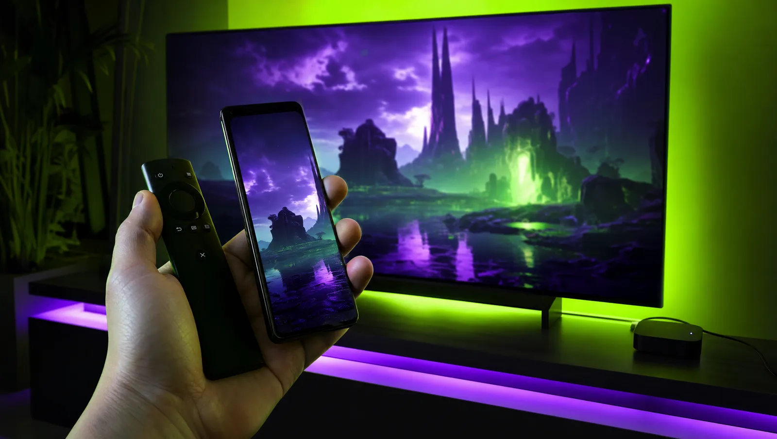 Telecomando davanti a un televisore, che illustra l’installazione semplice di Extreme IPTV su Smart TV e Firestick