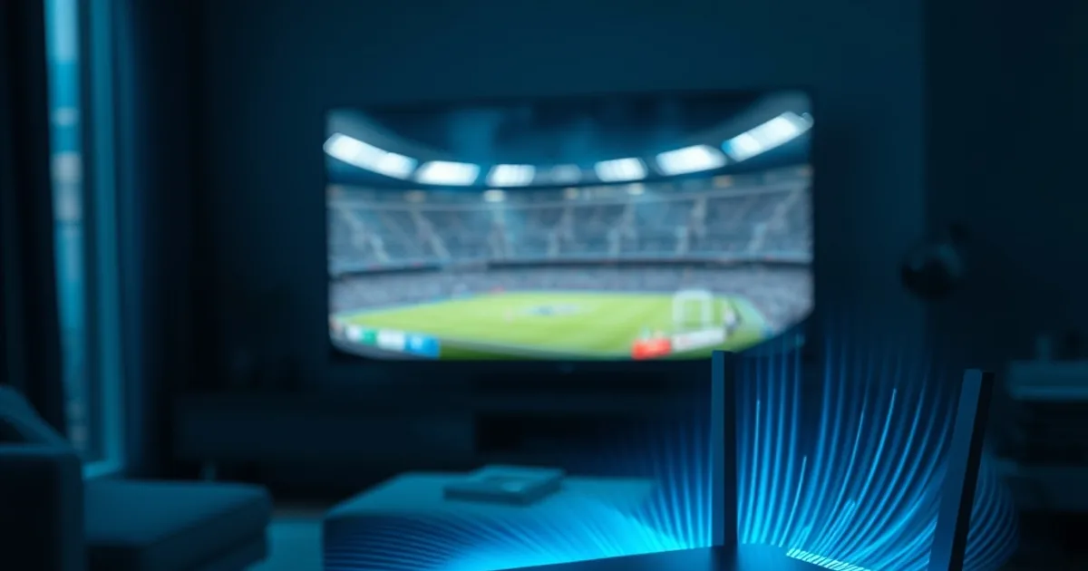 Router con luci blu che emette segnale di rete in un salotto buio, sullo sfondo sfocato una TV accesa con una partita di calcio