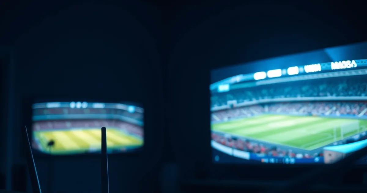 Salotto in penombra con TV 4K che trasmette una partita di calcio nitida, router con luci accese e cavo Ethernet in primo piano, atmosfera cinematografica blu.