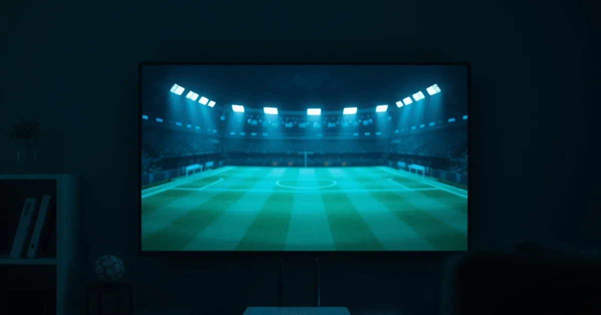 Salotto buio illuminato dalla luce di un grande TV con onde di segnale WiFi visibili accanto a un router, atmosfera cinematografica blu notte